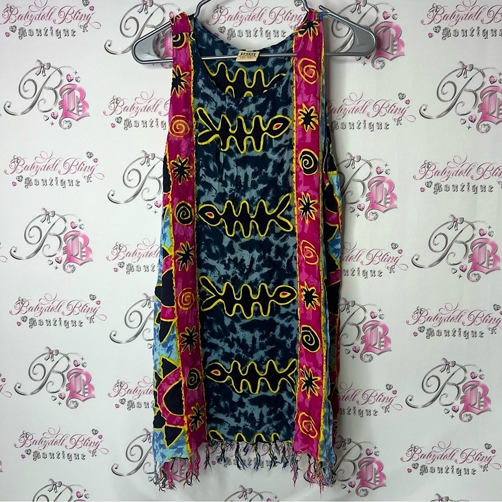 Sporty Aca. Mex. Dress cover up tie dye beach Colorful Sleeveless Patterned Top